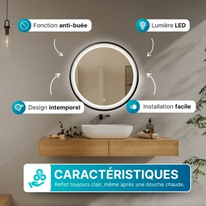 Miroir rond LED Ø70 cm avec cadre en aluminium noir