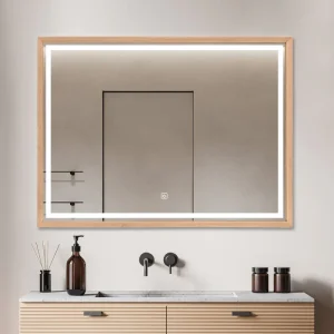 Miroir lumineux LED avec cadre bois claire scandinave