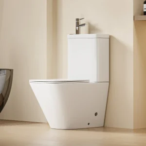 WC à poser avec lave-mains intégré 2-en-1 sans bride sortie horizontale (67x39x84,5cm) - Design carré blanc