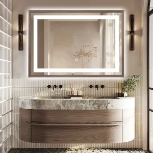 Miroir lumineux LED avec cadre bois Noyer foncé veinage naturel