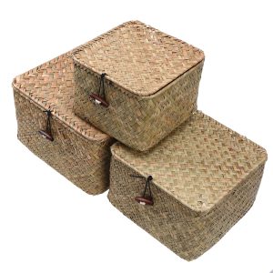 Boîte de rangement tissée avec couvercle
